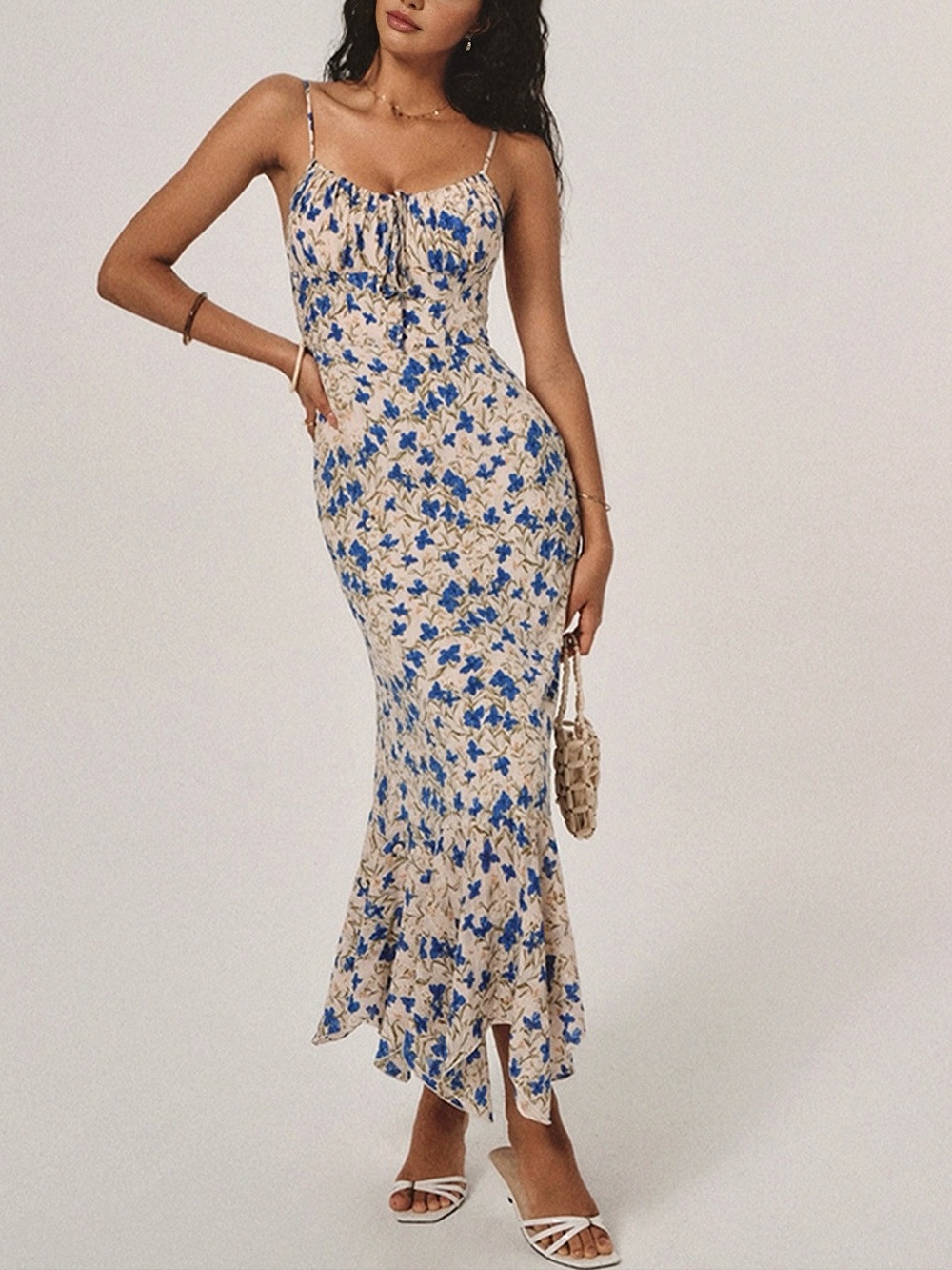 Commense Blue Cream Floral Fishtail Maxi Dress Knotted Tiered Hem Wedding  XL